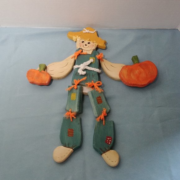 Hanging Wooden Scarecrow Holding Pumpkins, 14” Tall Wood - Picture 1 of 4